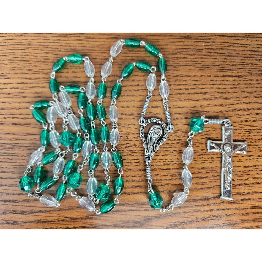 Catholic Rosary w/Green & Clear beads w/Silver-Tone Crucifix
